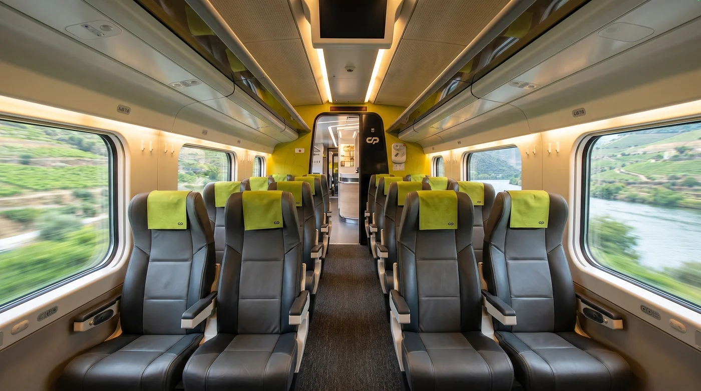 Turística standard class seating on the Lisbon to Porto train